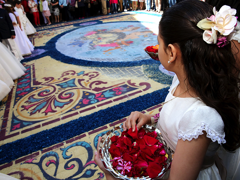 Alfombras del Corpus. Elche de la Sierra.  Declaradas Fiesta de Interés Turístico Nacional y Bien de Interés Cultural PASO PROCESION ALFOMBRAS SERRIN ELCHE DE LA SIERRA